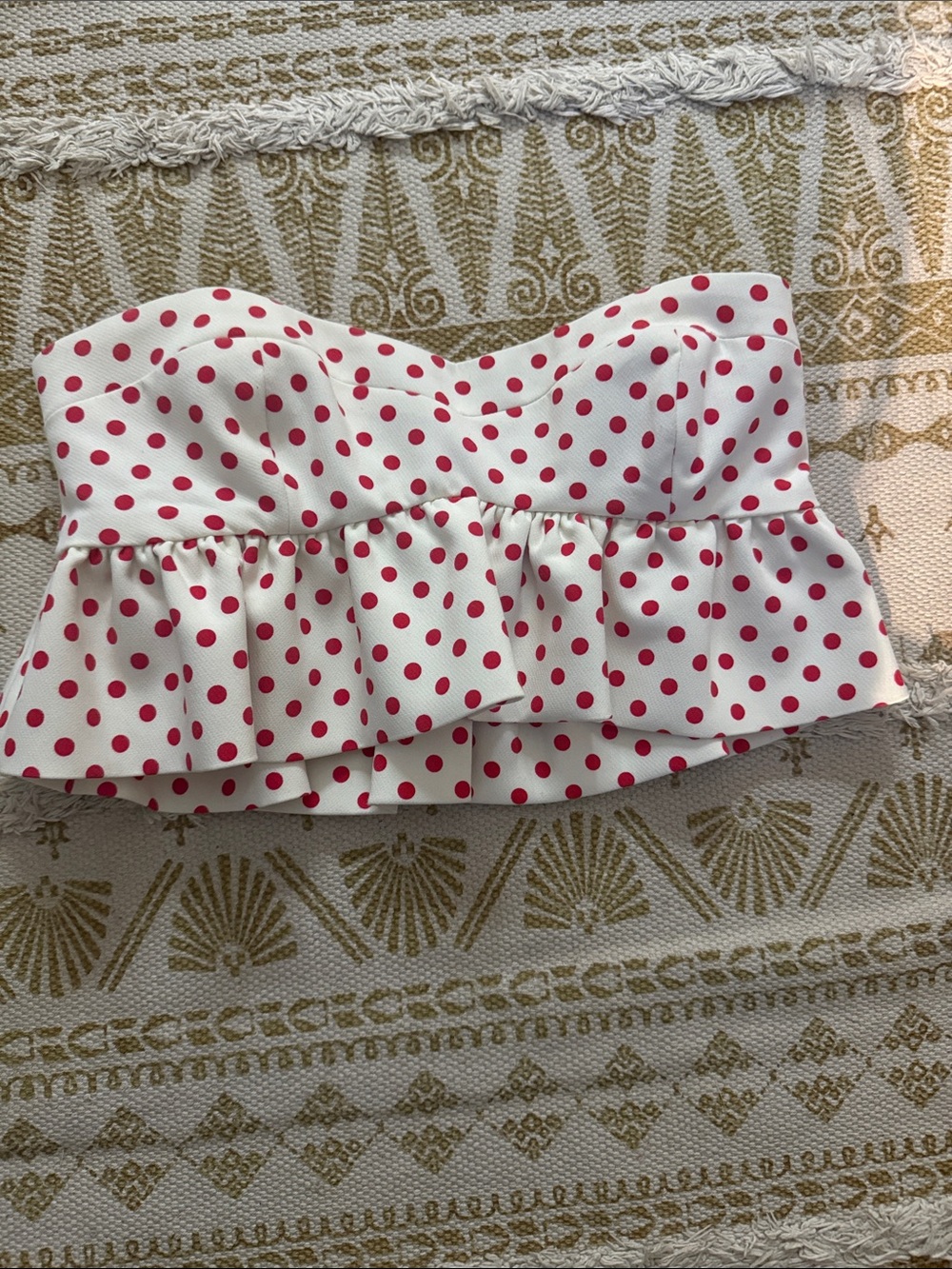 Zara White Strapless Polka Dot Ruffle Top with Red Dots